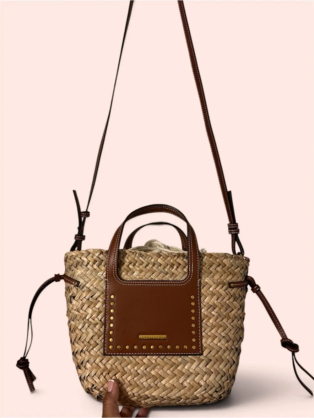 House of Harlow 1960 Woven Straw Tote with Brown Leather Trim